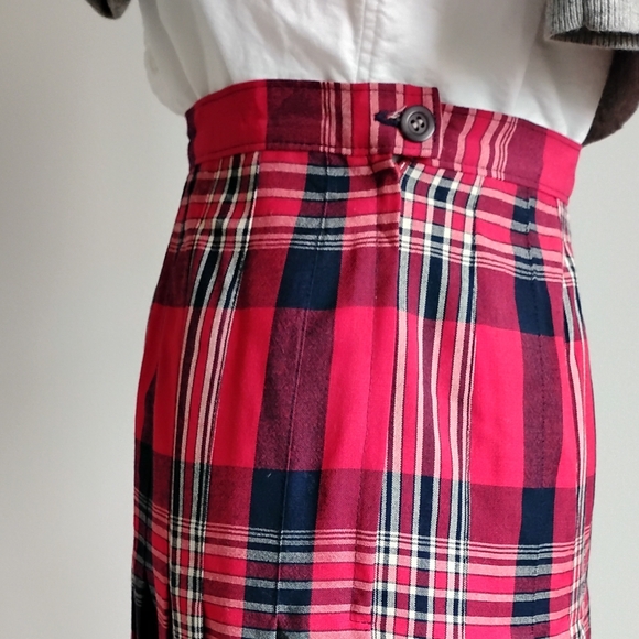 Pendleton Vintage 80s Wool Pleated Maxi Skirt Preppy Navy Blue Red Plaid Size 8 - Picture 9 of 15
